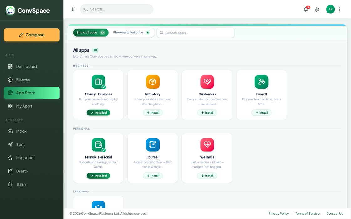 The ConvSpace app store, listing business, personal and learning apps with install buttons